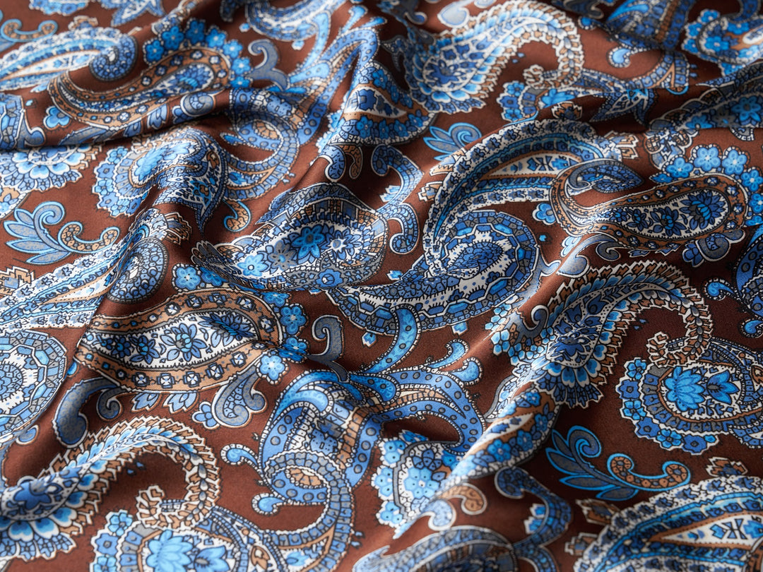 Paisley charmeuse satin fabric by the yard - Brown blue and ivory tones