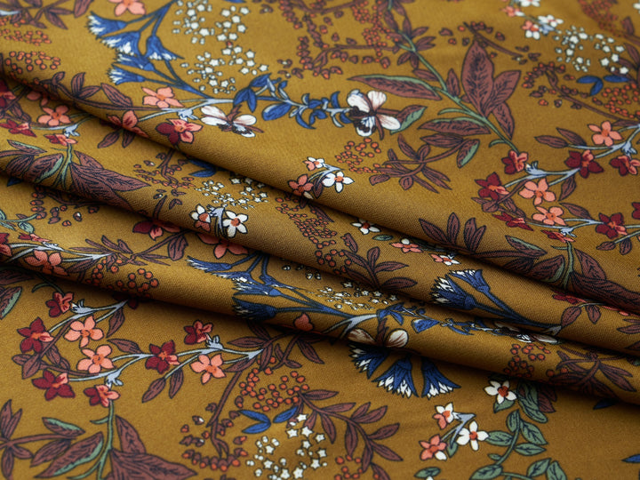 Woolpeach Floral fabric by the yard - Ochre mustard blue white wildflowers - dainty floral