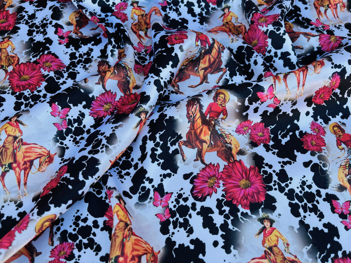 Charmeuse Satin sublimation  fabric by the yard -  Vintage Cowgirls  western    print