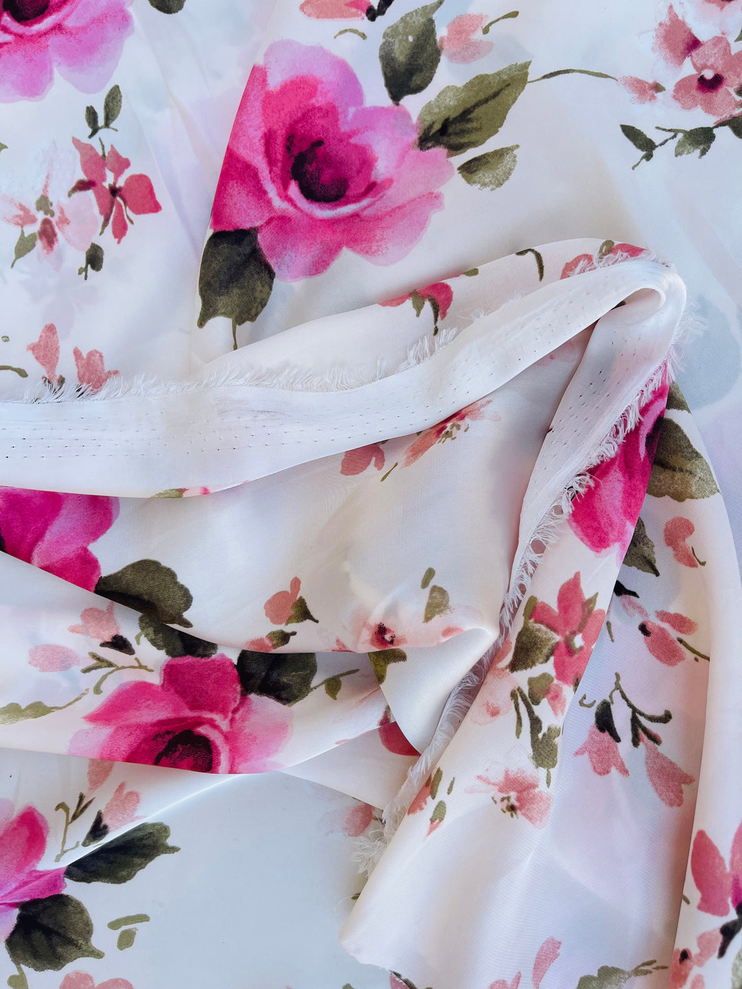 Lightweight satin fabric by the yard - Pink Roses on off white  background