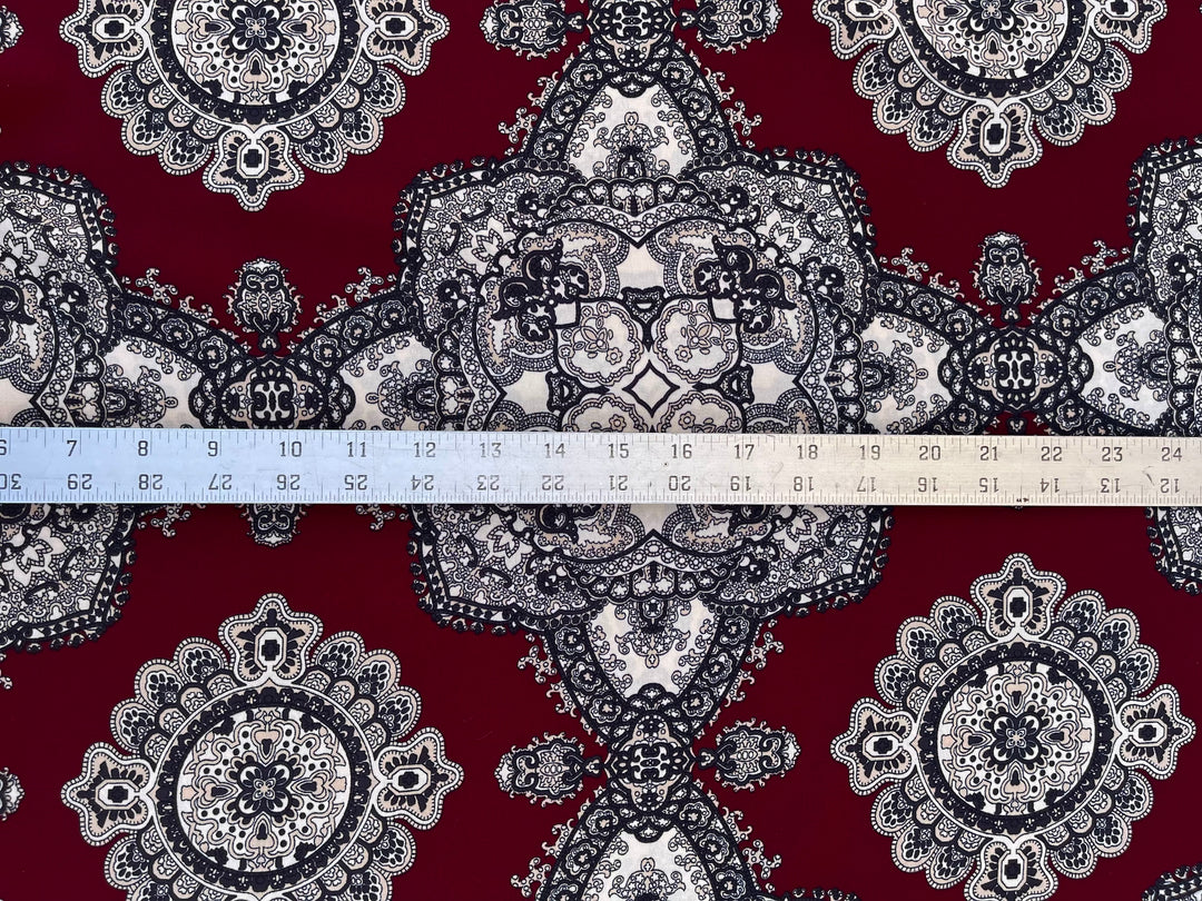 Woolpeach fabric by the yard - Burgundy and off white paisley damask border print