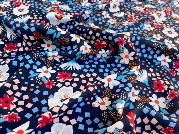 Lightweight  satin fabric by the yard - Navy blue red   floral  print