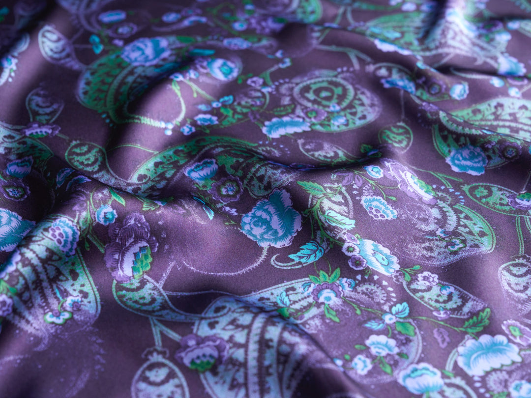 Purple and teal washed paisley  - charmeuse satin fabric by the yard - MonSar exclusive