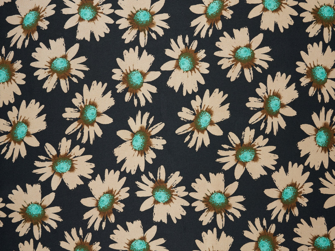 Charmeuse satin fabric by the yard -  Daisy floral print on Black