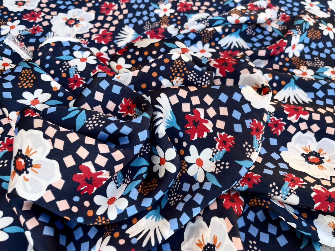 Lightweight  satin fabric by the yard - Navy blue red   floral  print