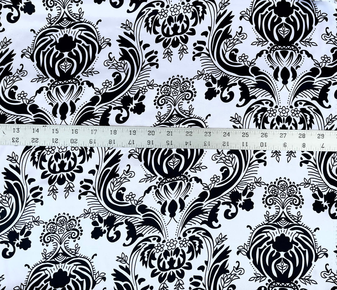 Charmeuse satin fabric by the yard  -  Black and white damask paisley  print