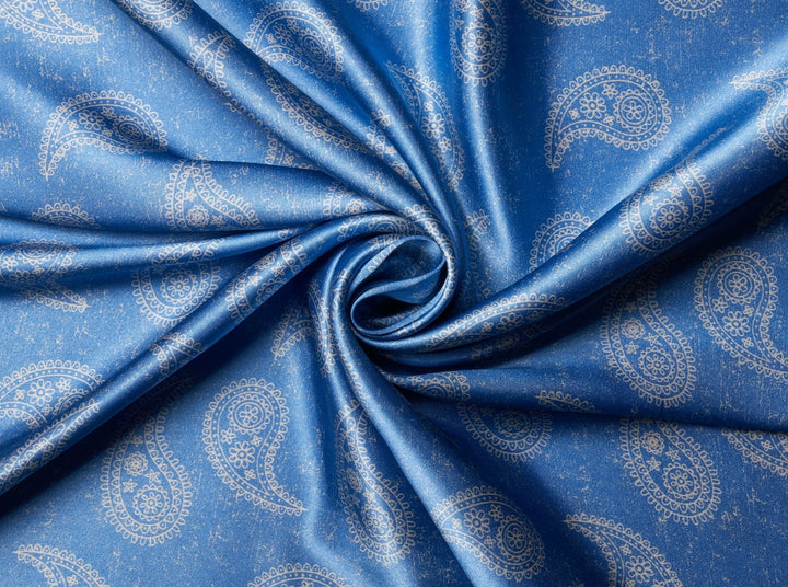 Charmeuse satin fabric by the yard - Blue and off white paisley print