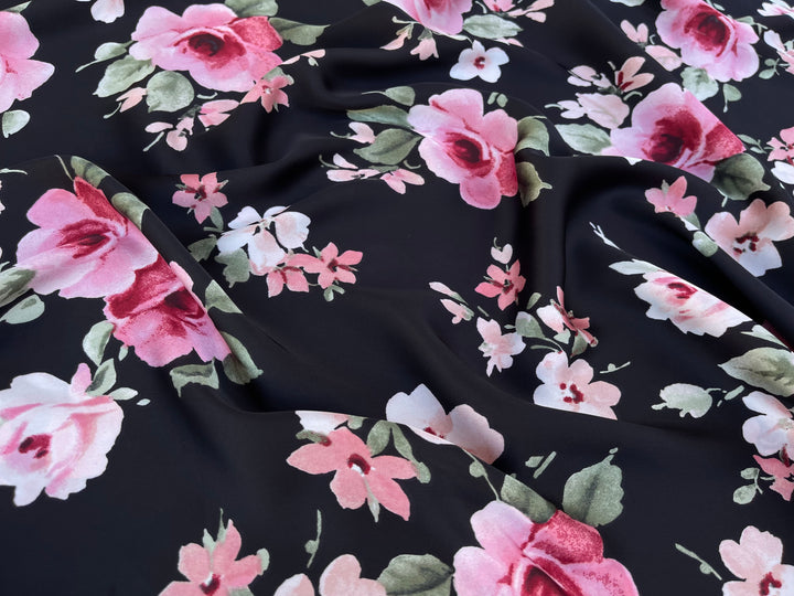 Lightweight satin fabric by the yard - Pink Roses on Black background