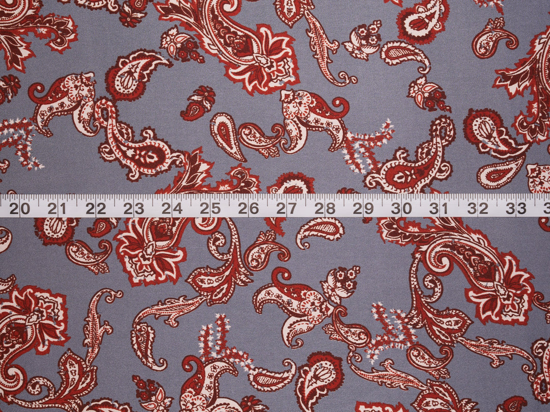 Charmeuse satin fabric by the yard - Gray and burgundy  distressed paisley   print