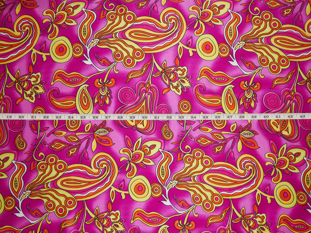 Charmeuse satin fabric by the yard  -  Hot pink yellow red paisley