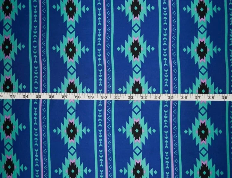 Tribal boho charmeuse satin fabric by the yard - Blue lavender  Aztec