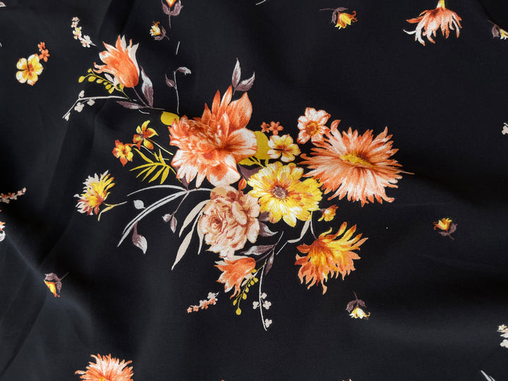 Peachskin stretch  print  fabric by the yard - Black orange floral print