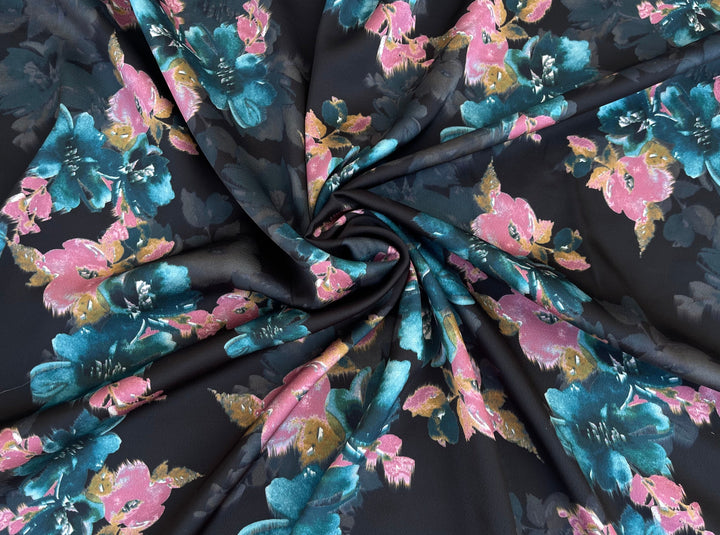 Lightweight stretch   satin dobby   fabric by the yard -  Teal and coral floral on black  pattern