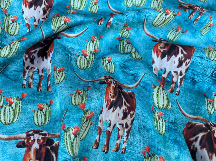 Charmeuse Satin sublimation  fabric by the yard -  Longhorn cactus - Boho western    print