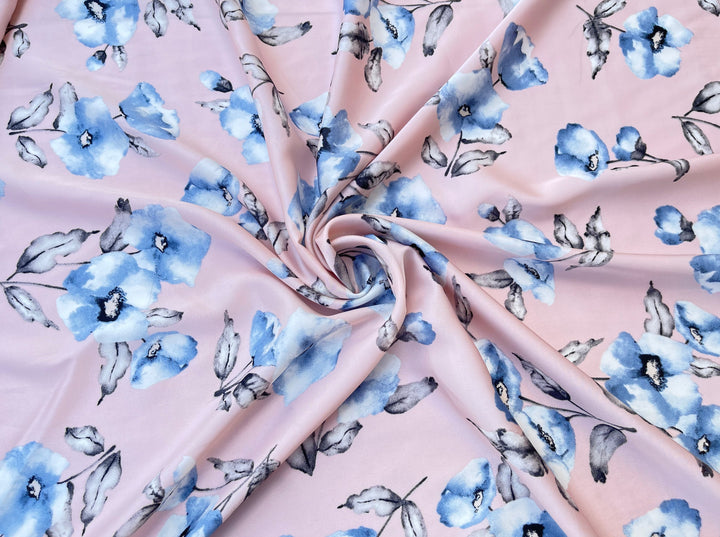 Lightweight  satin  fabric by the yard - Pink blue floral  print