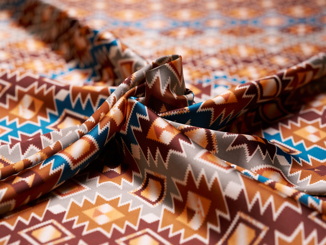 Charmeuse satin fabric by the yard - Mayan Sunset - tribal print