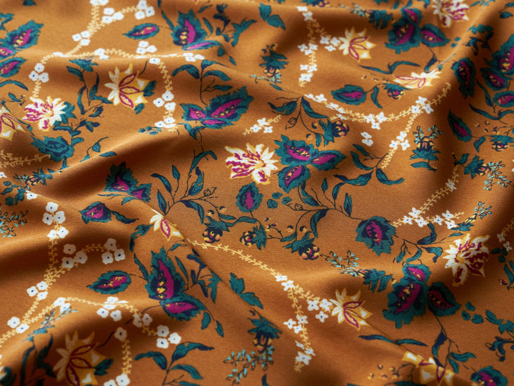 Peachskin  fabric by the yard -  Ochre burgundy  vintage floral print