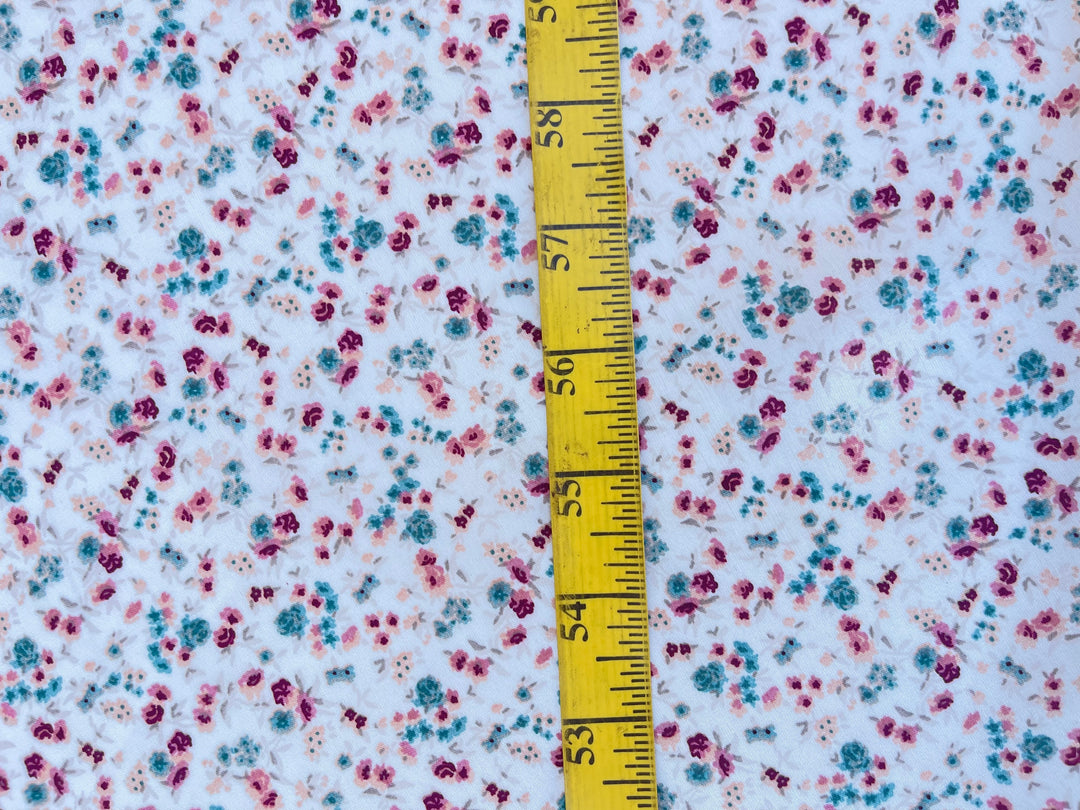 Lightweight  satin  fabric by the yard - Pink teal on white dainty  floral  print