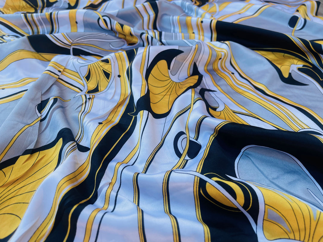 Faux silk charmeuse satin fabric by the yard - Gray black yellow nature pucci inspired   print