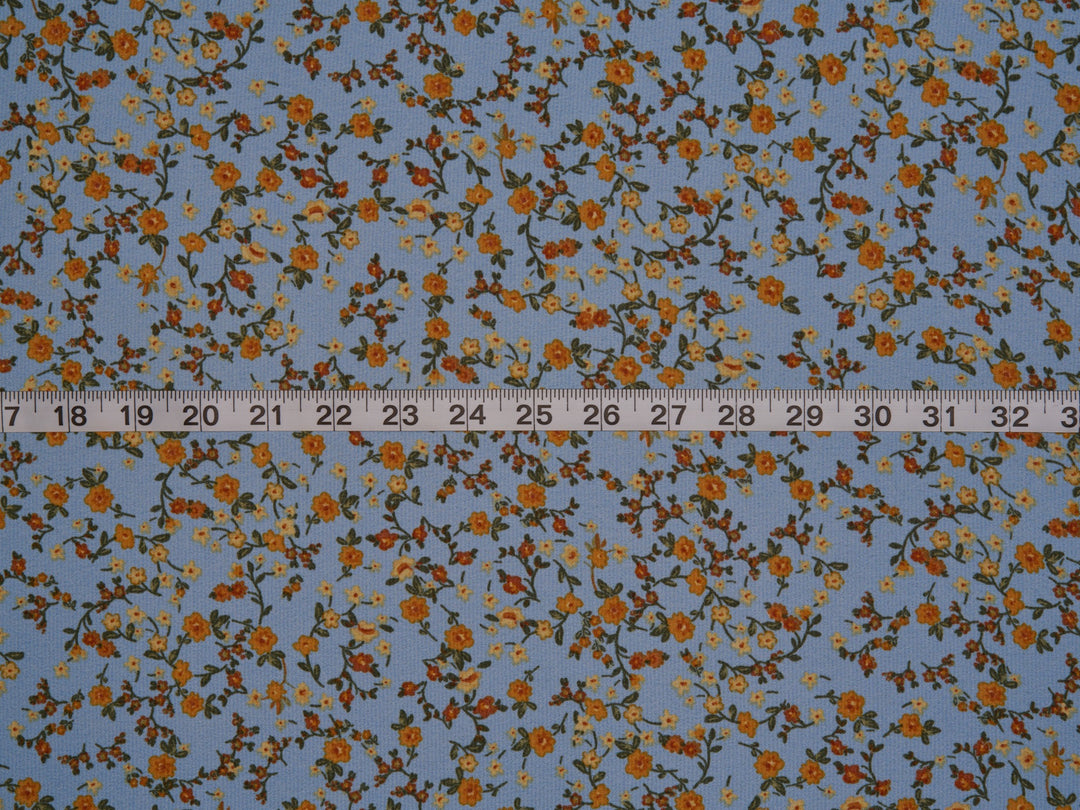 Lightweight  satin  dobby fabric by the yard - Light blue with rust and mustard   dainty floral pattern