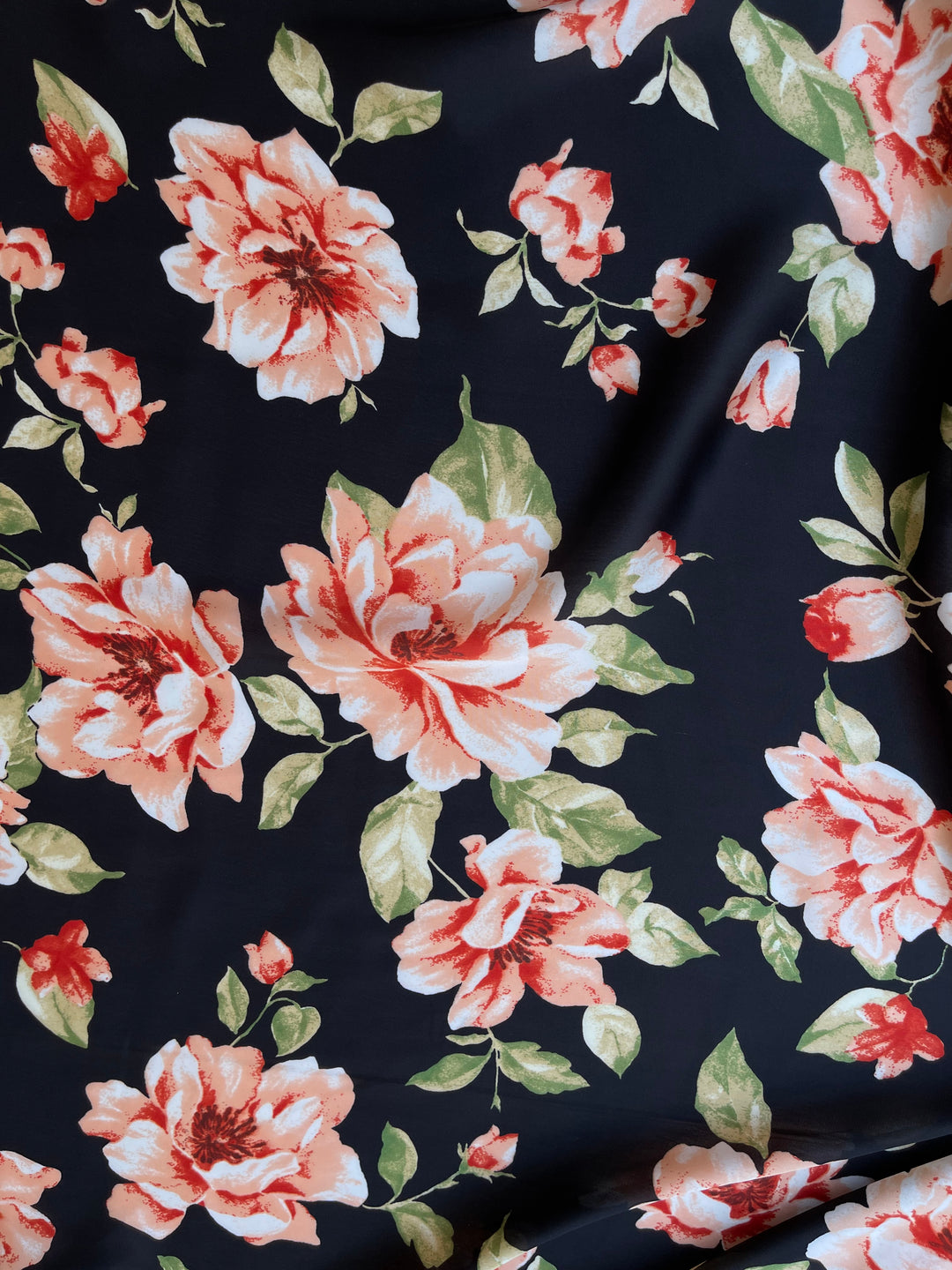 Lightweight  satin  fabric by the yard - Black and orange  floral  print