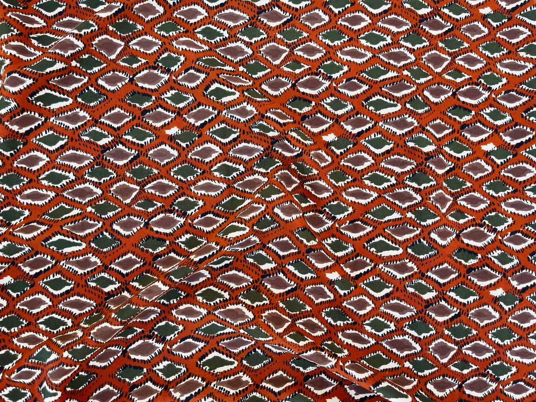 Crepe de Chine fabric by the yard - Rusty orange green brown diamond print