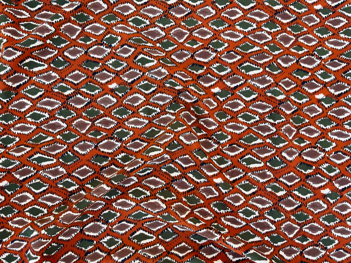 Crepe de Chine fabric by the yard - Rusty orange green brown diamond print