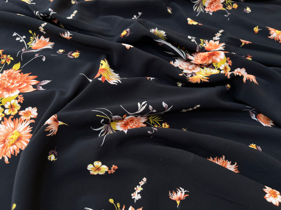 Peachskin stretch  print  fabric by the yard - Black orange floral print