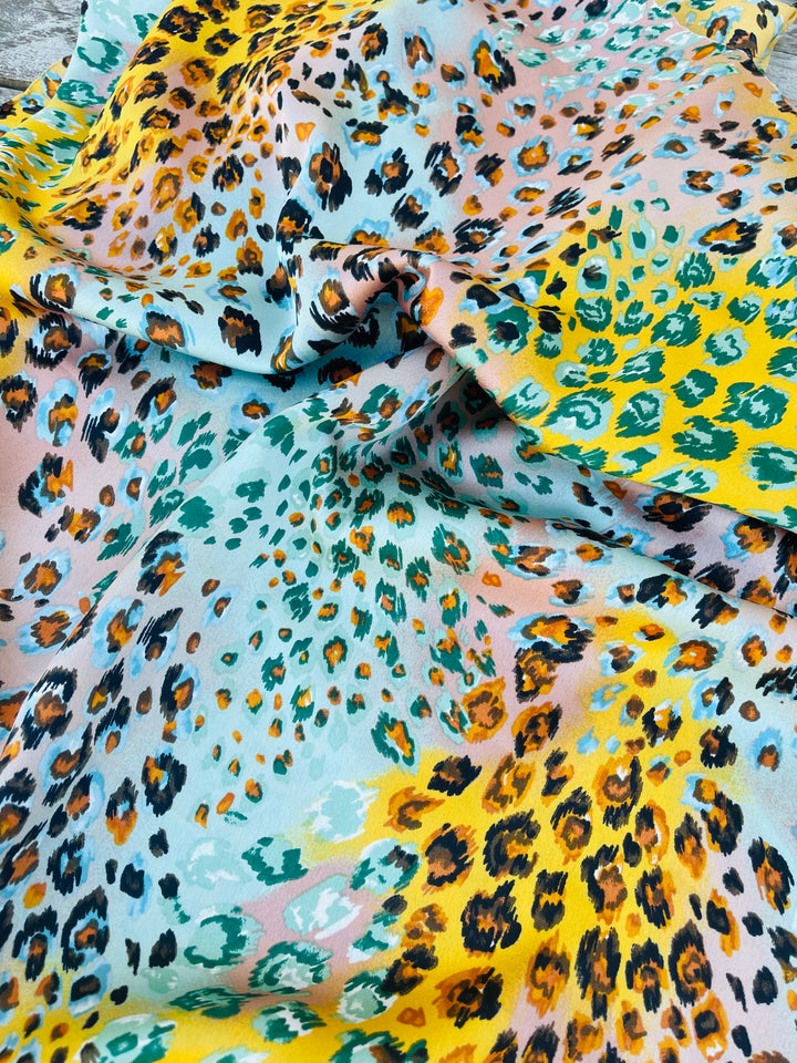 Lightweight  satin  fabric by the yard - Yellow aqua coral animal print