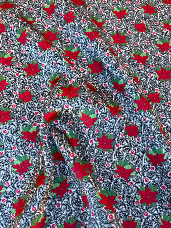 Charmeuse Satin sublimation  fabric by the yard - Black Paisley and Poinsettias Christmas print