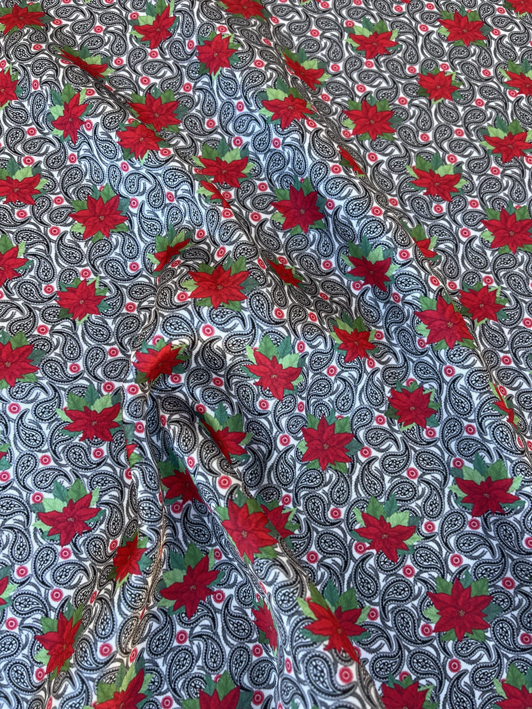 Charmeuse Satin sublimation  fabric by the yard - Black Paisley and Poinsettias Christmas print