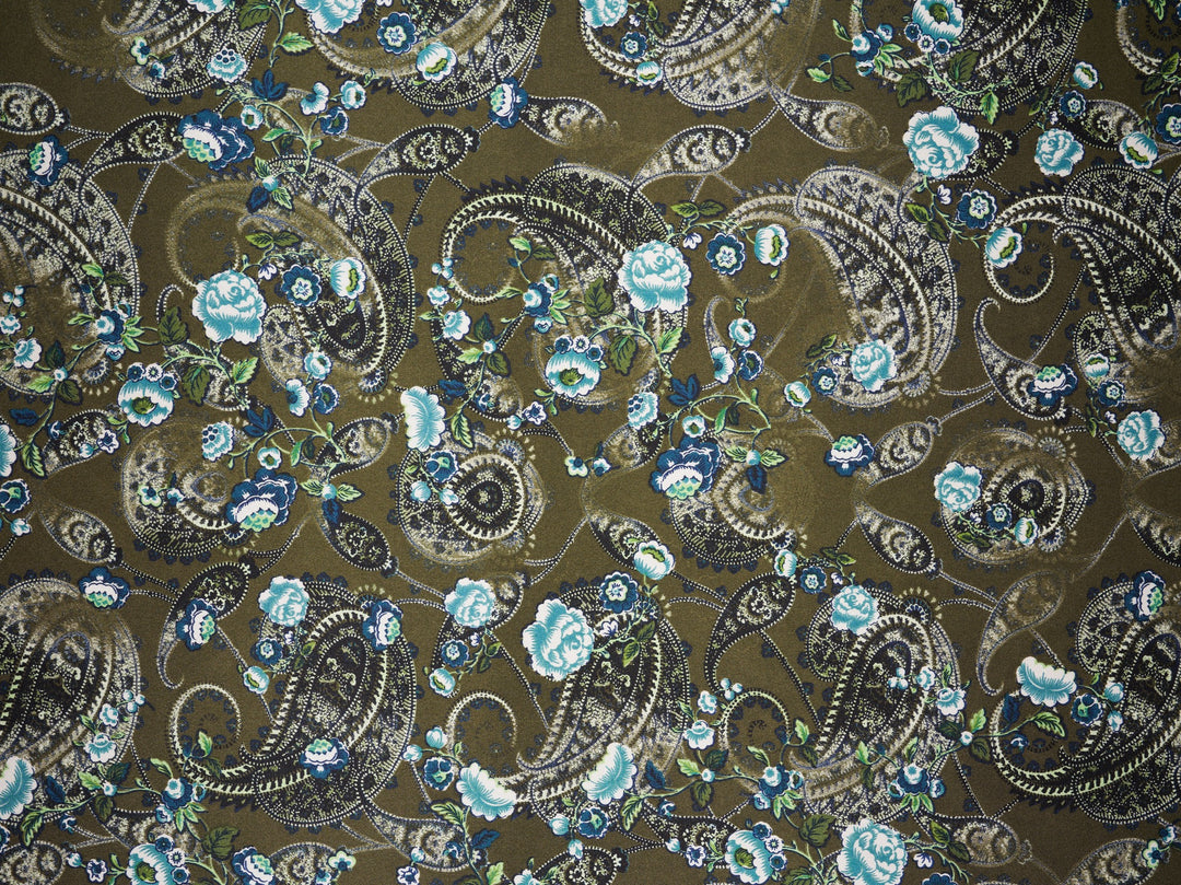 Olive and teal  washed paisley  - charmeuse satin fabric by the yard - MonSar exclusive