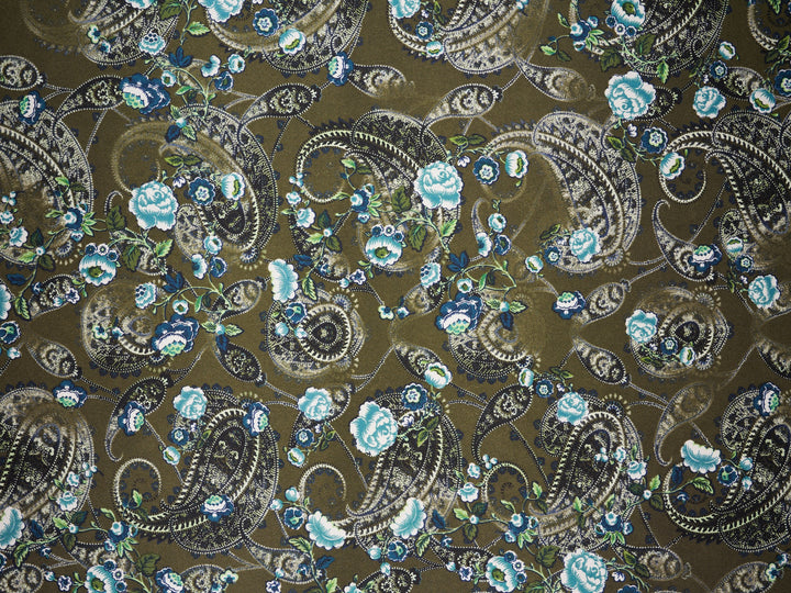 Olive and teal  washed paisley  - charmeuse satin fabric by the yard - MonSar exclusive