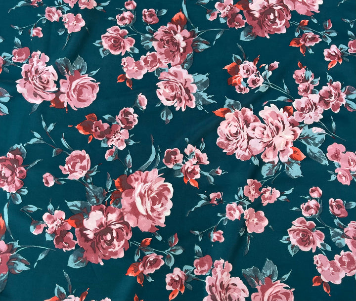 Lightweight  satin  fabric by the yard - Dark teal and coral  floral  print