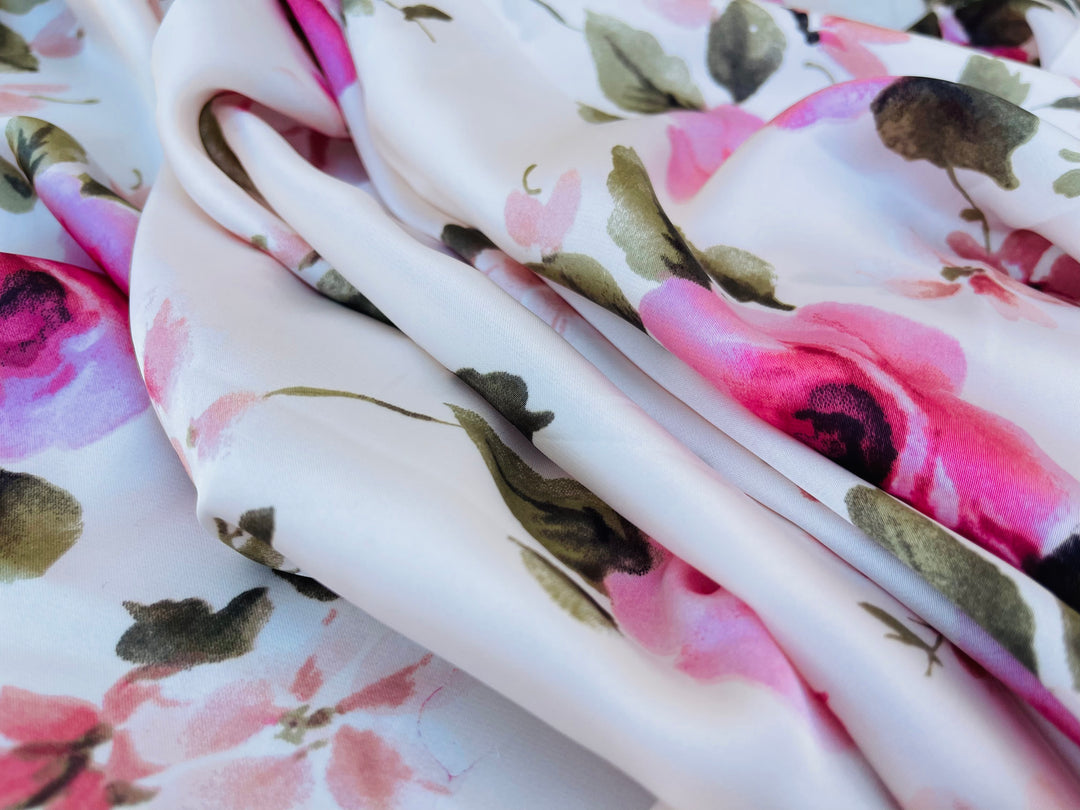 Lightweight satin fabric by the yard - Pink Roses on off white  background