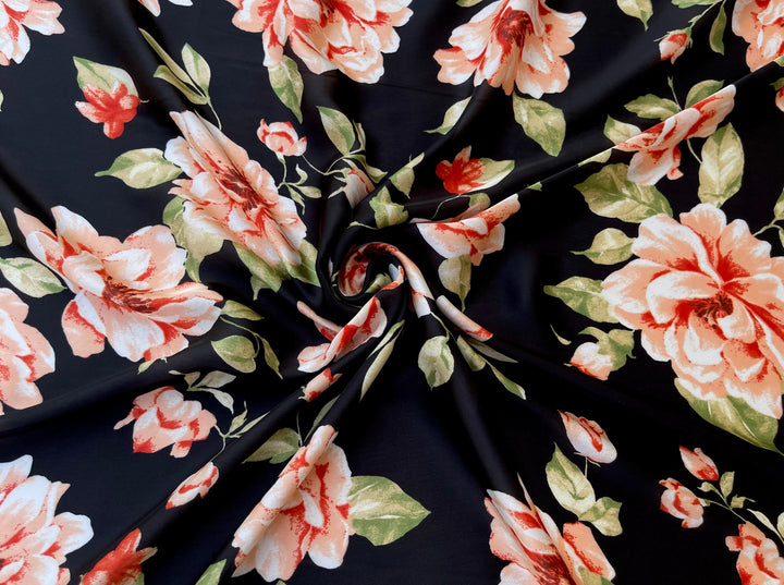 Lightweight  satin  fabric by the yard - Black and orange  floral  print