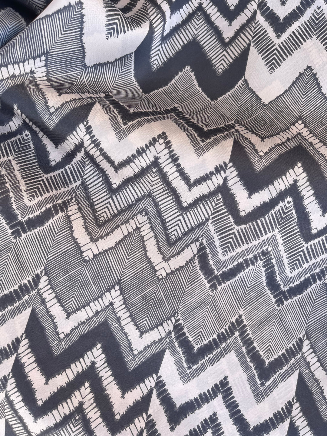 Lightweight  satin fabric by the yard - Gray off white chevron  print