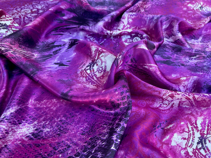 Charmeuse satin fabric by the yard  -  Purple pink snake paisley animal print