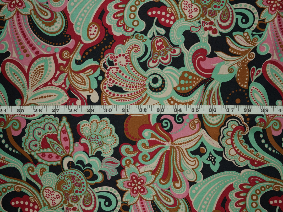 Charmeuse silky satin fabric by the yard -  Black teal paisley print