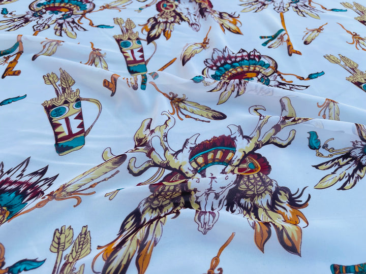 Chiffon fabric by the yard - Feathers cow skull tribal aztec western  print