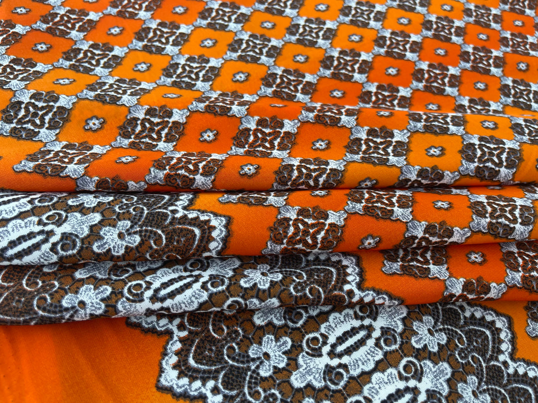 Peachskin  fabric by the yard - Orange brown off white  motif tribal aztec