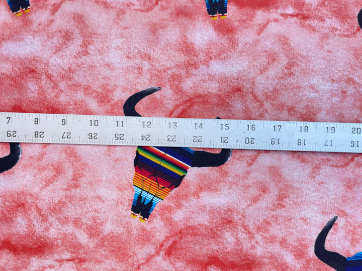 Stretch Crepe  fabric by the yard - Serape skull on coral tie dye western print