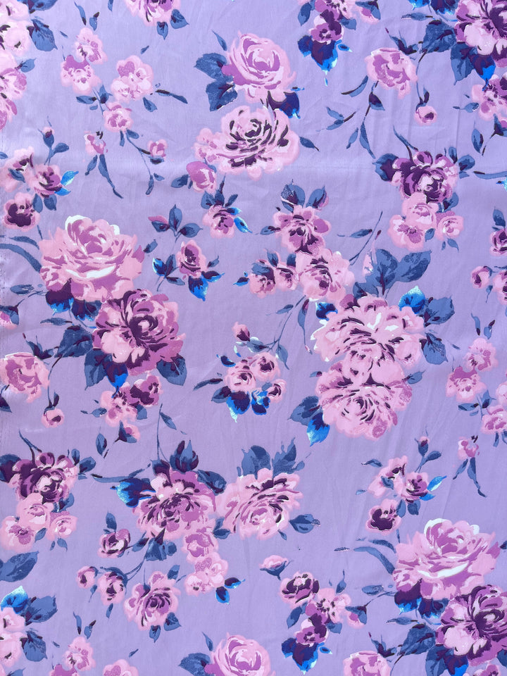 Lightweight  satin  fabric by the yard - Dusty purple and pink floral  print