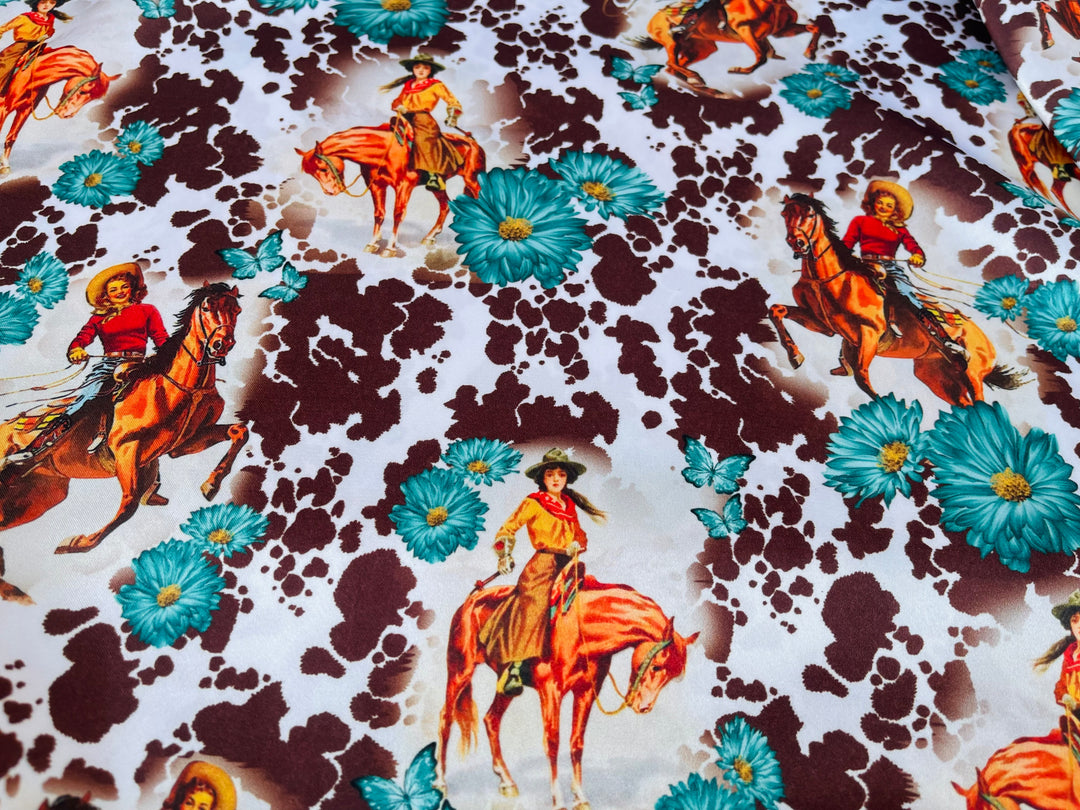 Charmeuse Satin sublimation  fabric by the yard -  Vintage Cowgirls -  western  animal  print