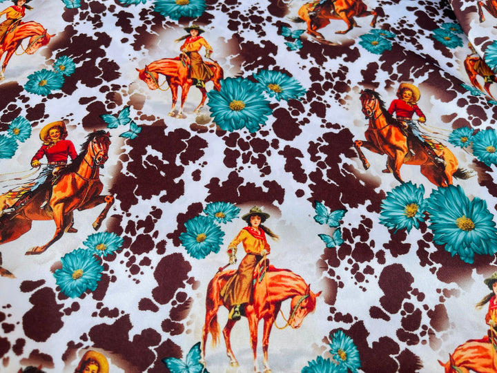 Charmeuse Satin sublimation  fabric by the yard -  Vintage Cowgirls -  western  animal  print