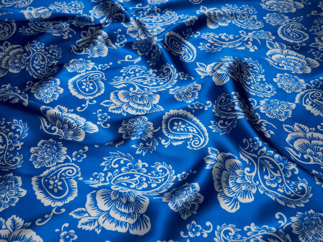 Paisley charmeuse satin fabric by the yard -  Royal blue floral paisley