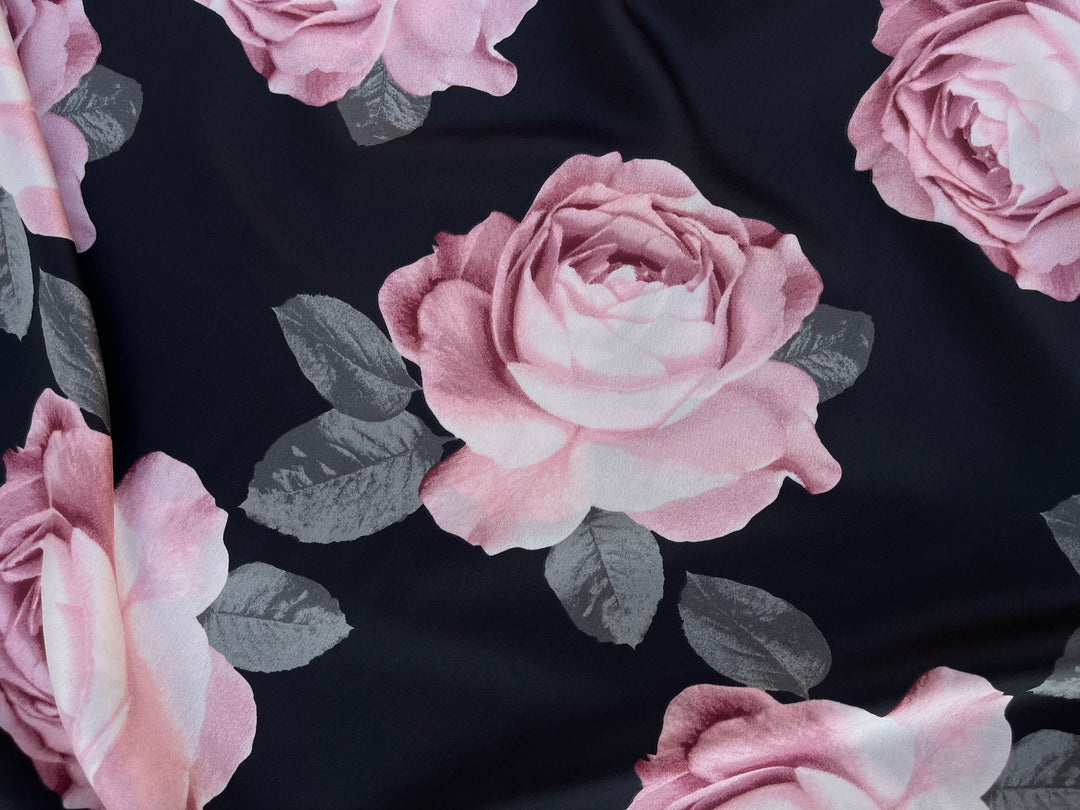 Lightweight  satin  fabric by the yard - Black and peachy tones floral  print