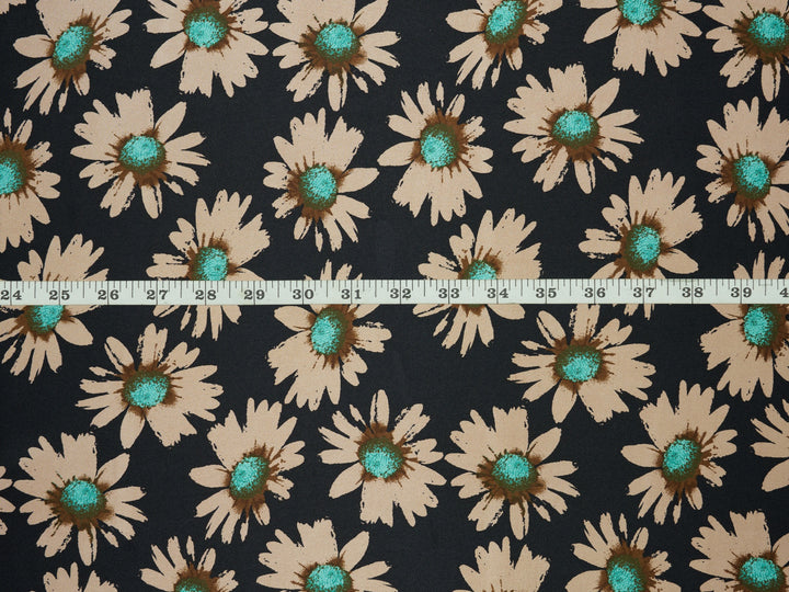 Charmeuse satin fabric by the yard -  Daisy floral print on Black