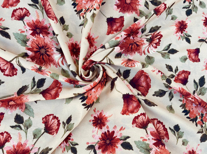 Woolpeach fabric by the yard - Burnt orange and green on taupe floral