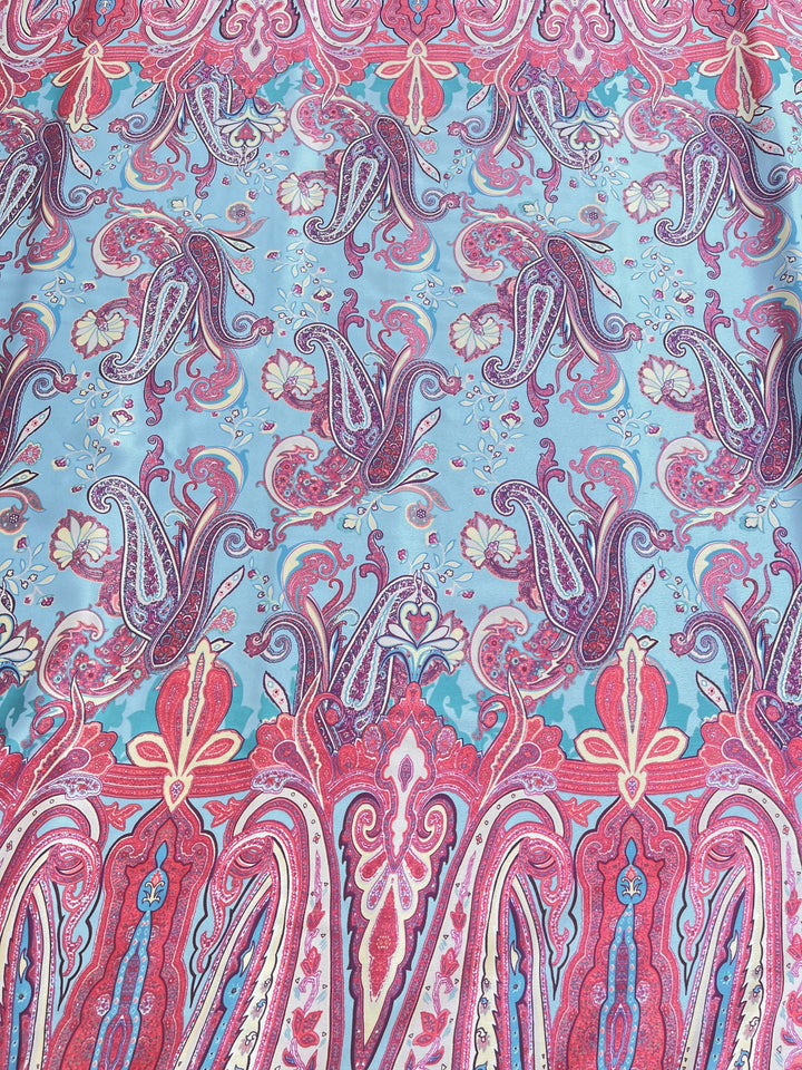 Lightweight  satin  dobby fabric by the yard - Aqua red  paisley tribal border print